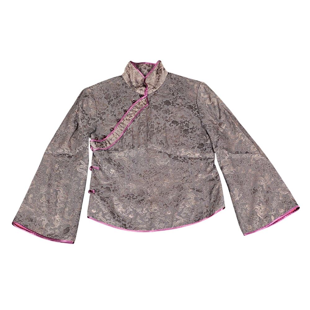 Hideyosh silk Asian shirt womens szM gray dragon design traditional red interior